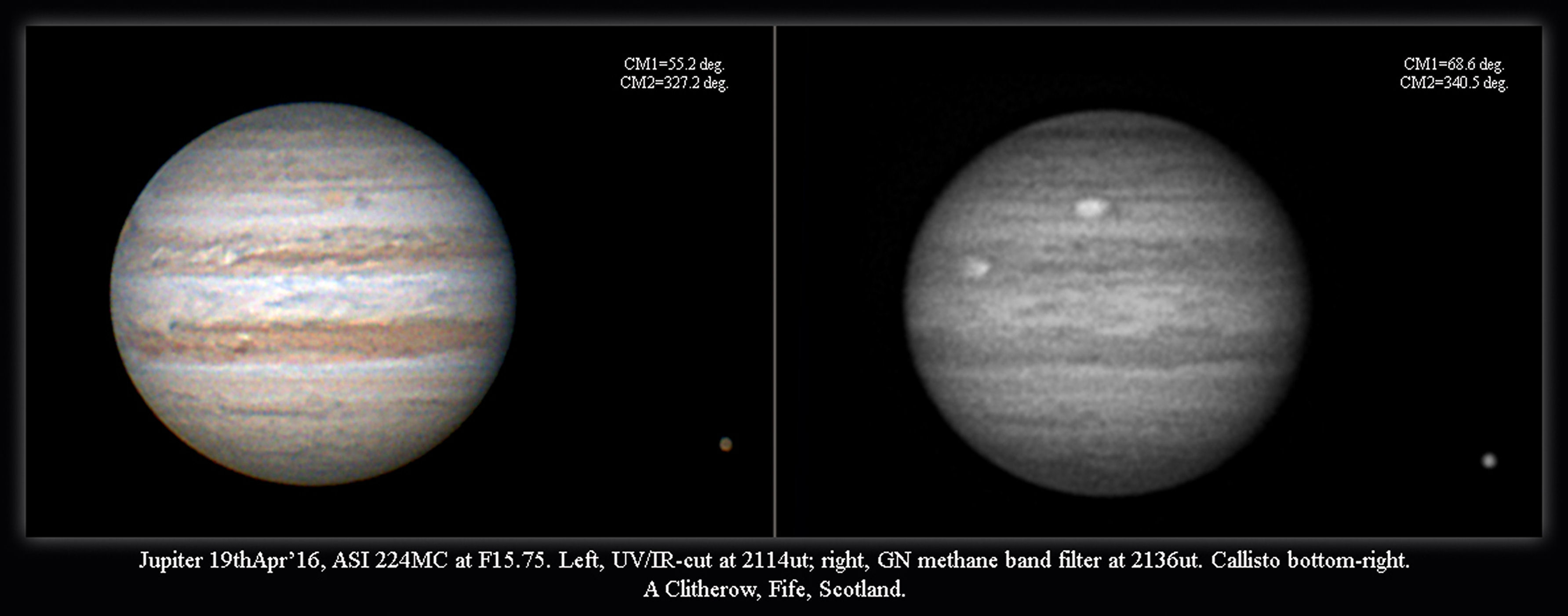 Jupiter 19th April 2016 by Alan Clitherow.  The images from the 19th are south-up and shows Oval BA nearing the central meridian with an interesting diamond-shaped  dark patch following it. I also include a methane-band image of Jupiter taken a little time after the colour one. This shows methane where the light of the Sun  is absorbed within the cloud belts so the darker the patch, the more the methane contents.of the GRS.